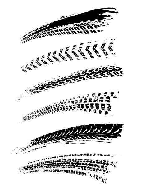 Tire Tracks Elements Motorcycle tire tracks vector illustration. Grunge automotive element useful for poster, print, flyer, book, booklet, brochure and leaflet design. Editable graphic image in black color isolated on a white background. bicycle designs stock illustrations