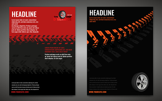 Vector automotive banner template. Grunge tire tracks background for vertical poster, digital banner, flyer, booklet, brochure, web design. Editable graphic image in black, red, grey, orange colors