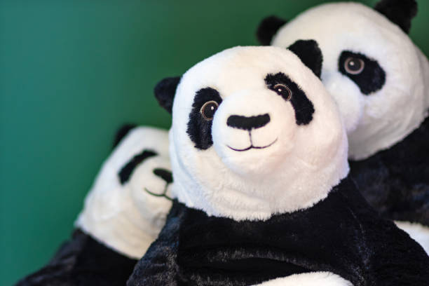 istock Panda dolls are smiling. Selective focus with copy space on a green background. 1168374253