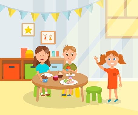 유치원에서 달콤한 휴일 간식을 갖는 아이들 가정 생활에 대한 스톡 벡터 아트 및 기타 이미지 - 가정 생활, 가정의 방, 귀여운 -  iStock