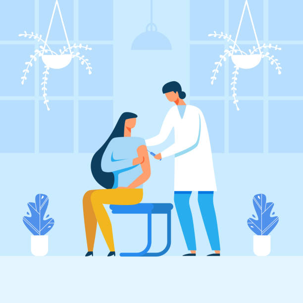 Male Doctor Making Injection to Female Patient Flat Male Doctor Making Injection to Female Patient. Clinic or Hospital Cartoon Interior. Innovative Medicine Testing or Disease Treatment. Vaccination. Vector Medicine Healthcare Illustration doctor illustrations stock illustrations