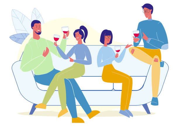 stockillustraties, clipart, cartoons en iconen met vrienden drinken rode wijn platte vector illustratie - drinking wine