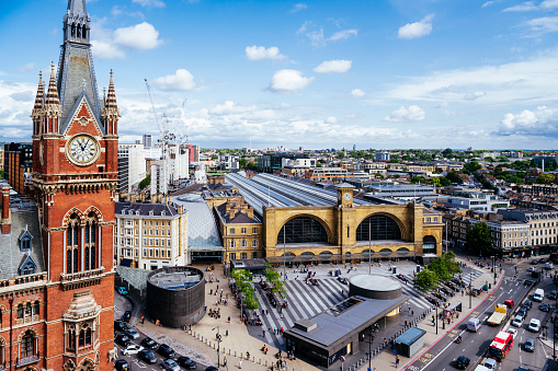 Aerial view of London skyline over Kings Cross railway station and St Pancras