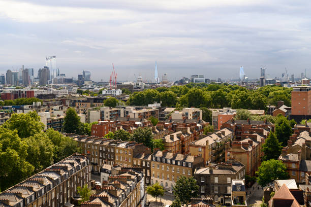 Aerial view over St Pancras district London with city skyline Elevated view over London with The Shard on the horizon southwark stock pictures, royalty-free photos & images