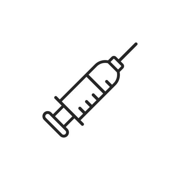 ilustrações, clipart, desenhos animados e ícones de ícone da linha da seringa. pixel perfeito. para mobile e web. traçado editável. - vacina