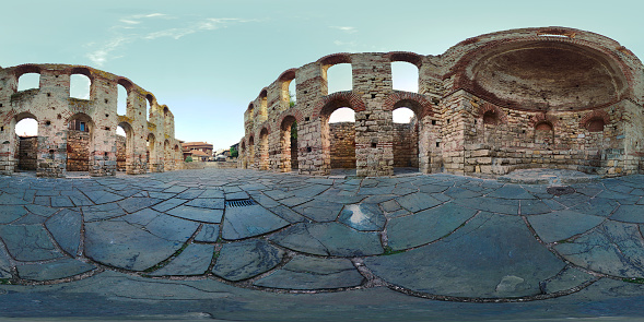 Ruins of The Church of St. Sofia, known as The Old Metropolitan church in The Old Town Nessebar, Bulgaria. It is 360 equirectangular panorama.