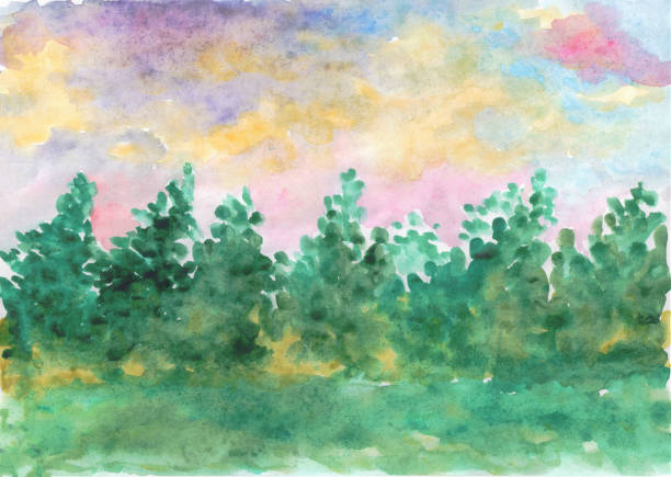 istock abstract watercolor background: forest belt, landscape green trees and blue bright sky 1168382820