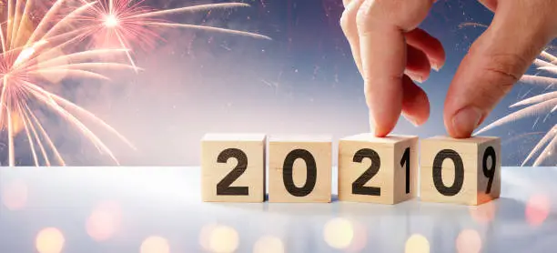 2020 Celebration With Wooden Blocks And Fireworks
