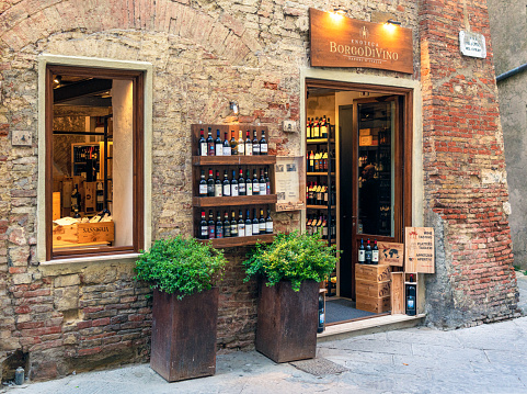 Montepulciano, Italy - A shop selling wines from the Italian vineyard Borgo Di Vino, in the historic town of Montepulciano.