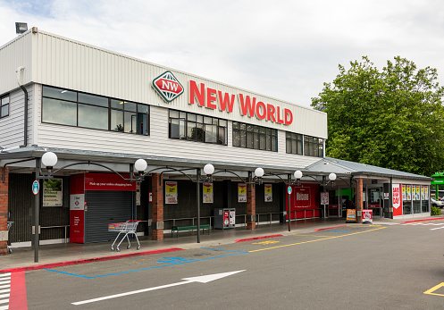 New Zealand - The facade and entrance to a New World supermarket.