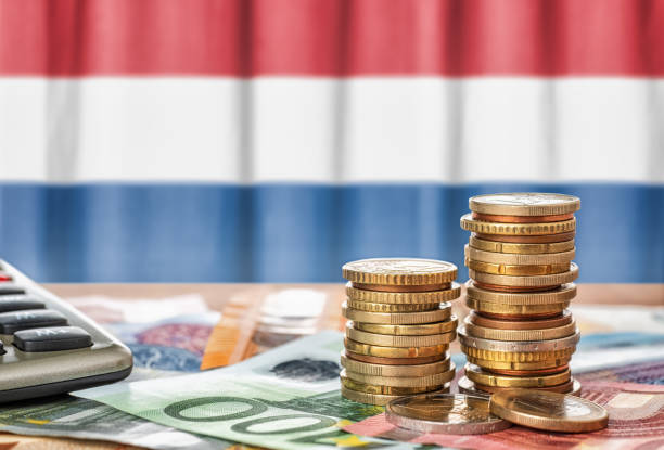 Euro banknotes and coins in front of the national flag of the Netherlands Euro banknotes and coins in front of the national flag of the Netherlands netherlands currency stock pictures, royalty-free photos & images