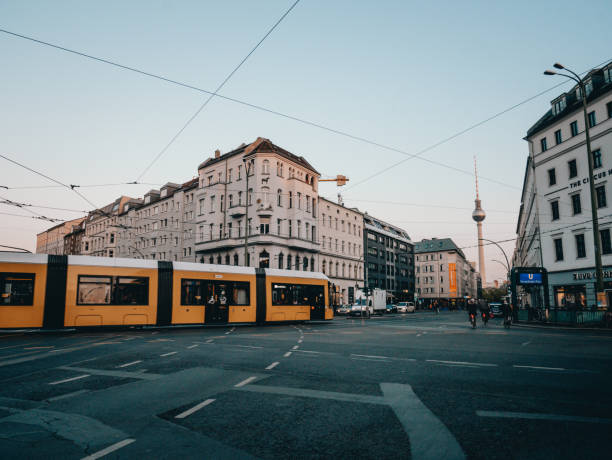Berlin city life with view of the tv tower and the tram. \nRosenthaler Platz. Berlin, Germany 04/07/2019