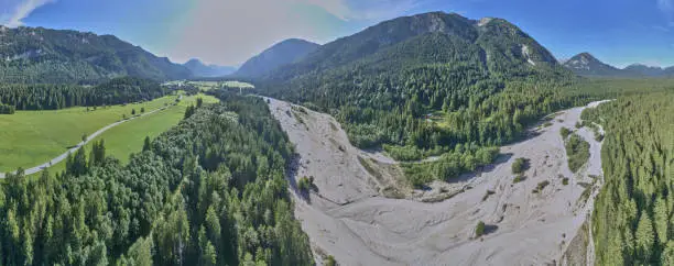 Due to the hot and dry summer and the climate change, the river bed of the Loisach in Bavaria is almost dried out, panorama from composite aerial photographs.