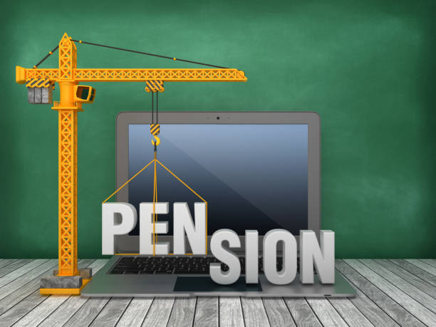 istock Tower Crane and Laptop with PENSION Word on Chalkboard Background - 3D Rendering 1168408003