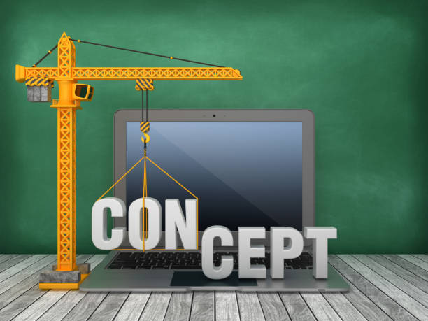 istock Tower Crane and Laptop with CONCEPT Word on Chalkboard Background - 3D Rendering 1168408031