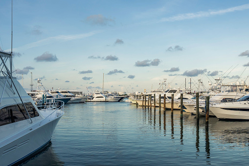 Miami, USA - Jul 4, 2019: Yachts moored at keywest marina. Miami, Florida