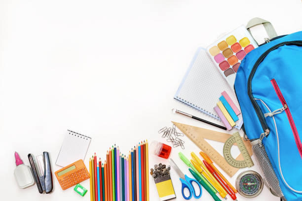 istock School supplies on a white background, stationery for students. 1168410589