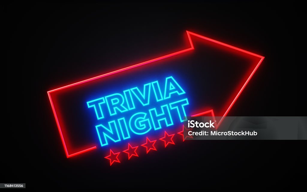 Neon Price Tag with Trivia Night Text Inside on Black Background Neon Price Tag with trivia night text inside on black background. Horizontal composition with copy space. Trivia Stock Photo