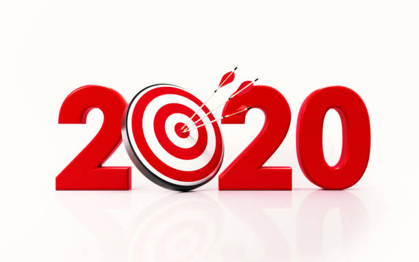 2020 and bulls eye target on white background - bulls eye fotos imagens e fotografias de stock