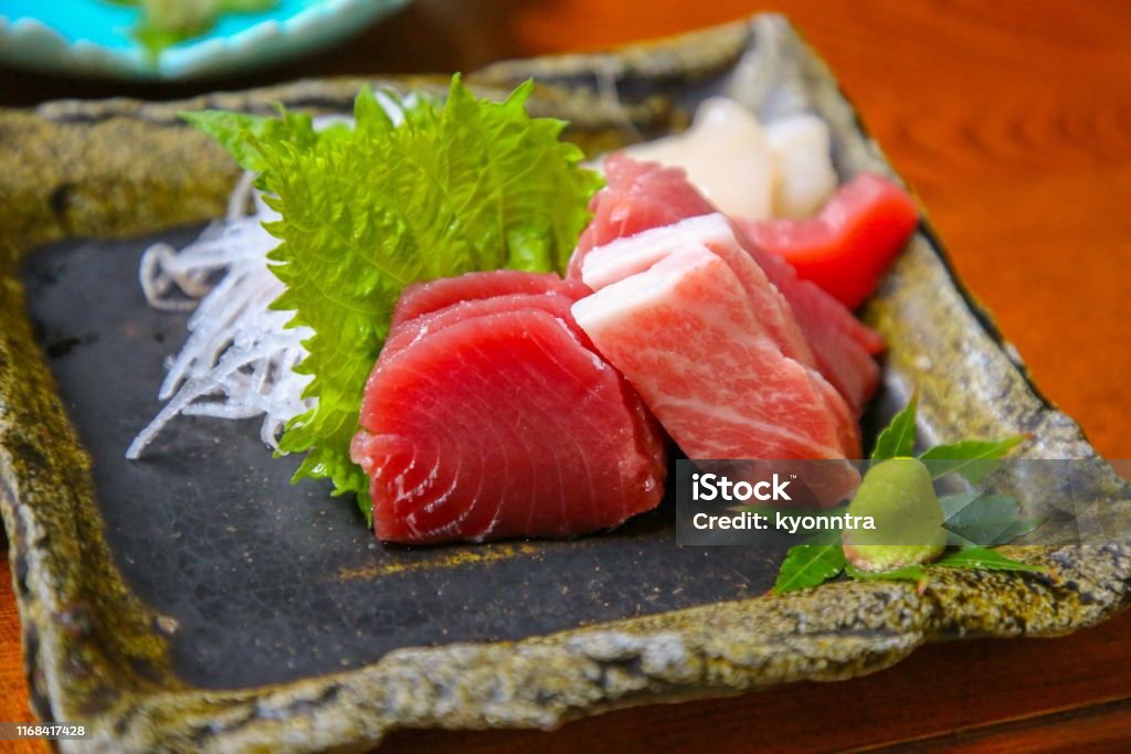 fatty tuna sashimi Tradtitional appetizer of tuna sashimi Wahoo - Fish Stock Photo