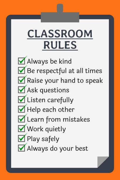 Classroom rules poster. Clipboard over orange Classroom rules poster. Clipboard over orange background rules stock illustrations