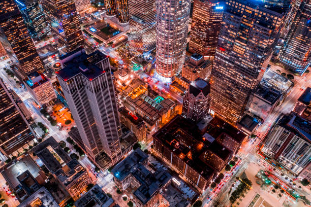 aerial of downtown los angeles california at night - traffic street city of los angeles los angeles county stock-fotos und bilder