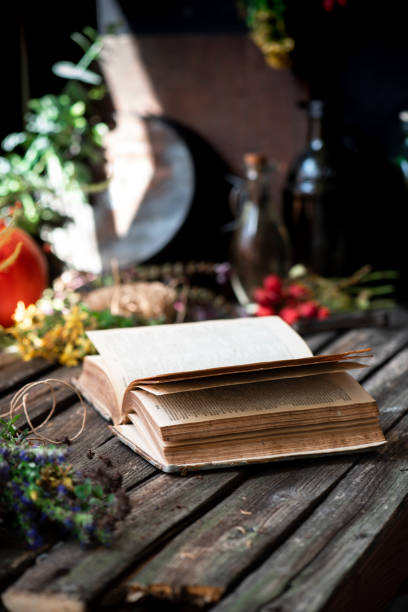 istock Old open book lies on a wooden table along with medicinal herbs. 1168423588
