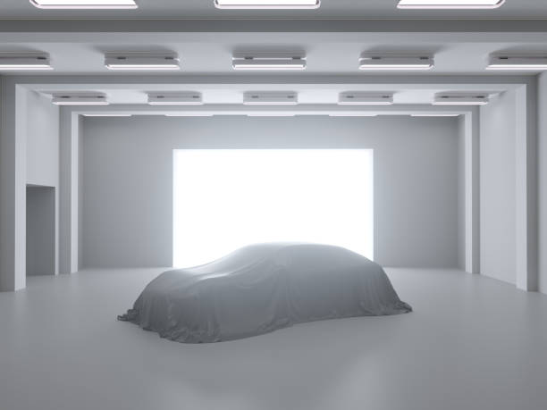istock Open hangar with photo studio and covered with cloth car. 3d rendering, illustration 1168427484