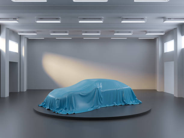 istock Open hangar with photo studio and covered with cloth car. 3d rendering, illustration 1168427510