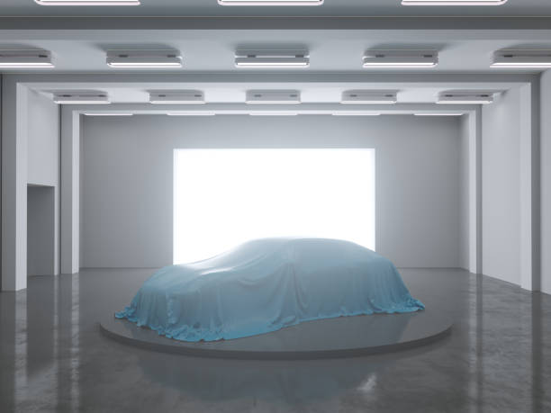 istock Open hangar with photo studio and covered with cloth car. 3d rendering, illustration 1168427518