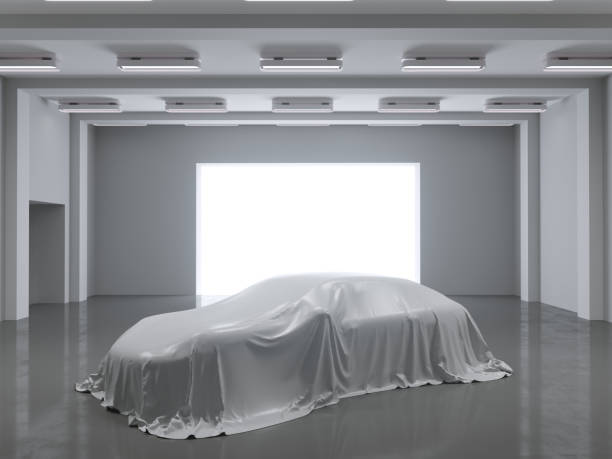 istock Open hangar with photo studio and covered with cloth car. 3d rendering, illustration 1168427554