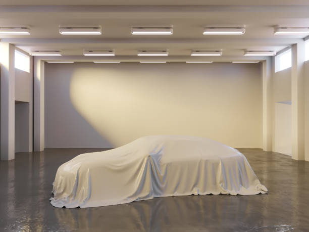 istock Open hangar with photo studio and covered with cloth car. 3d rendering, illustration 1168427580