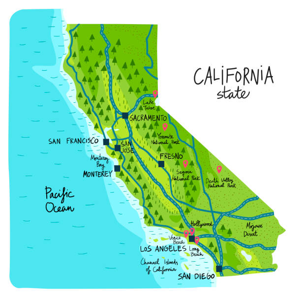 illustrazioni stock, clip art, cartoni animati e icone di tendenza di mappa dello stato della california degli stati uniti, con punti di riferimento. - map san francisco bay area california cartography