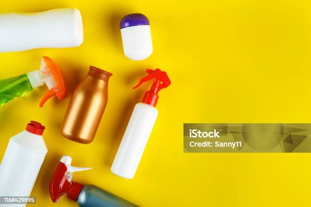 Many Different Detergents Set On A Bright Background Place For Text Stock Photo - Download Image Now