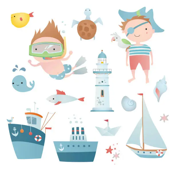 Vector illustration of Sea set with funny children, ship, boat, fish.