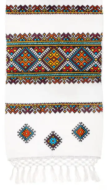 Embroidered towel, made from natural fabrics and embroidered by hand Ukrainian artists, fabric background