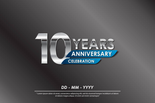 10th years anniversary celebration emblem. anniversary elegance silver logo isolated with blue ribbon, vector illustration template design for celebration greeting card and invitation card 10th years anniversary celebration emblem. anniversary elegance silver logo isolated with blue ribbon, vector illustration template design for celebration greeting card and invitation card 10th anniversary stock illustrations