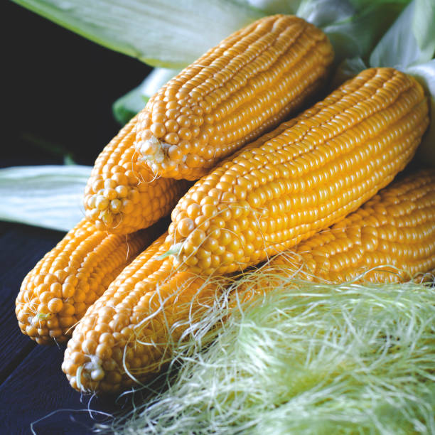 istock Yellow juicy corn with green leaves on a black tree table 1168433465