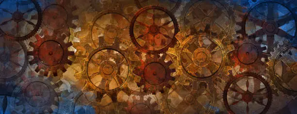 Photo of Blue and rusty steampunk banner with gears and wheels