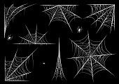 Spiderweb set, isolated on black transparent background. Cobweb for halloween, spooky, scary, horror decor with spiders.