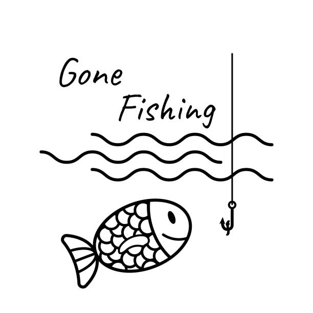 đi câu cá văn bản logo waves vector - gone fishing sign hình minh họa sẵn có