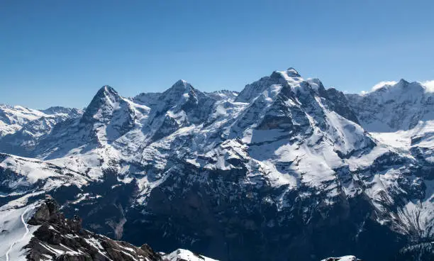 Eiger Mönch and Jungfrau, bright sunshine and blue sky