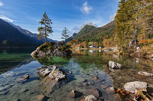 Autumn forest on Hintersee lake, Berchtesgaden, Germany.
