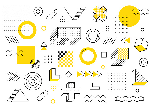 Geometric background. Universal trend halftone geometric shapes set juxtaposed with yellow elements composition. Modern vector illustration.