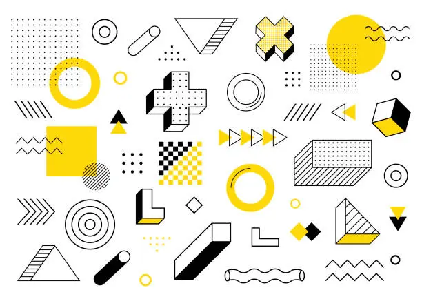 Vector illustration of Geometric background. Universal trend halftone geometric shapes set juxtaposed with yellow elements composition. Modern vector illustration