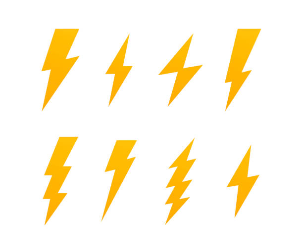 ustaw błyskawicę. piorun, uderzenie pioruna. nowoczesna ilustracja wektorowa w stylu płaskim - lightning thunderstorm storm flash stock illustrations