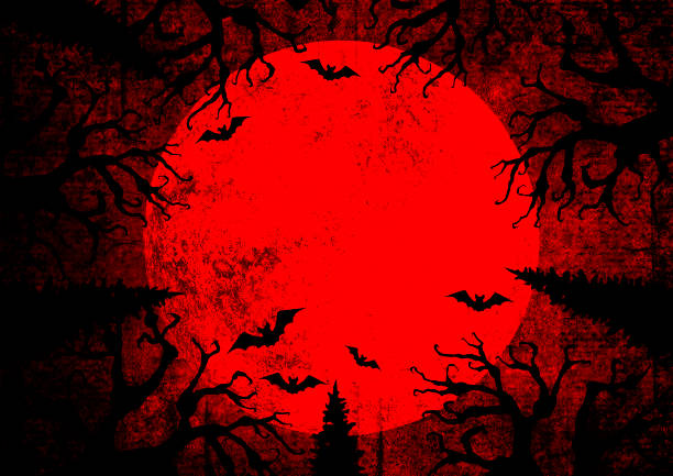 Halloween holiday bloody red grunge horizontal background with full moon vector art illustration