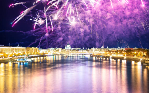 istock Moskva River and embankments with celebratory colorful fireworks exploding in the skies. Moscow, Russia 1168444845