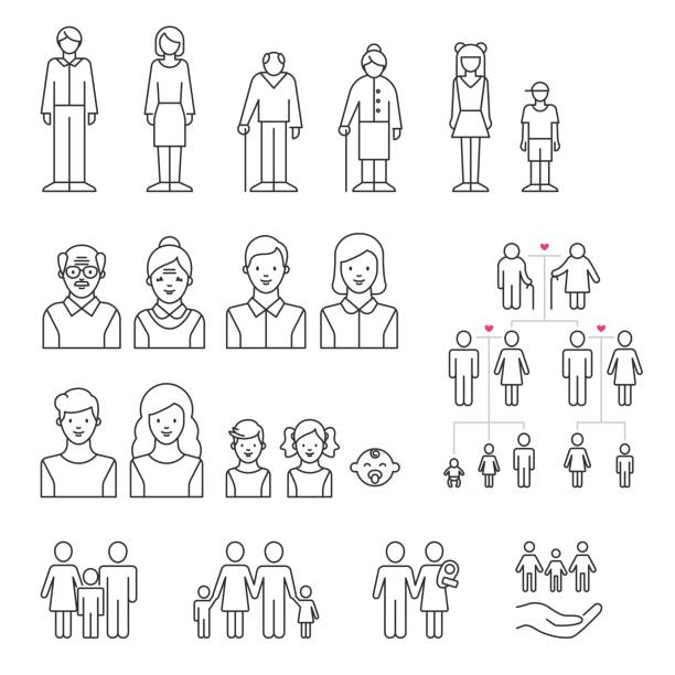 Family icons set. Family generations: grandfather, grandmother, father, mother, kids. People of different ages outline style Family icons set. Family generations: grandfather, grandmother, father, mother, kids. People of different ages outline style couple isolated wife husband stock illustrations