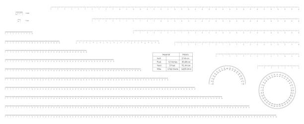 illustrazioni stock, clip art, cartoni animati e icone di tendenza di insieme di unità imperiali e metriche che misurano le barre di scala per righello e protrattore - geometry geometric shape protractor mathematics